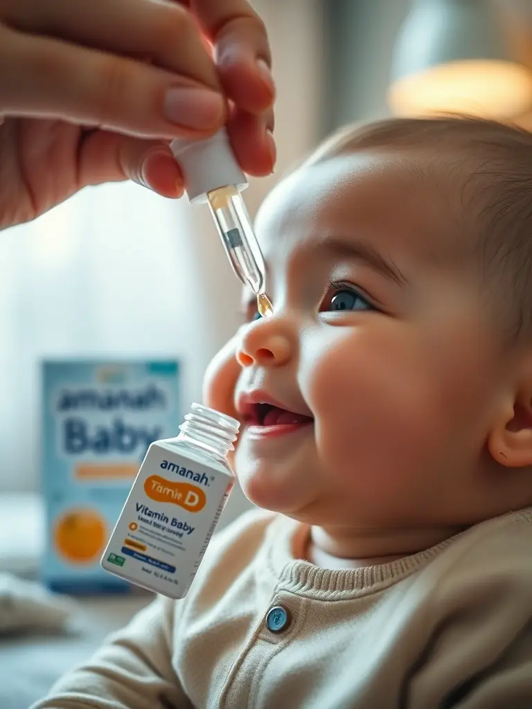 A close-up shot of Amanah Baby Vitamin D drops being administered to a baby, emphasizing the ease of use and the baby's comfort.