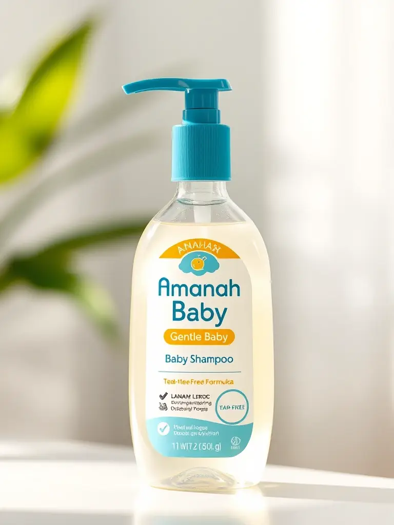 Image of Amanah Baby's gentle baby shampoo, showcasing its hypoallergenic and tear-free formula, with a focus on the packaging design.