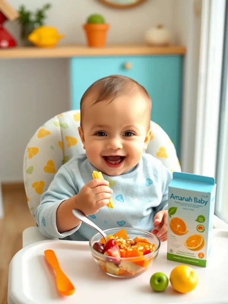 A happy baby enjoying Amanah Baby probiotic supplement mixed in their food, showcasing the product's versatility.