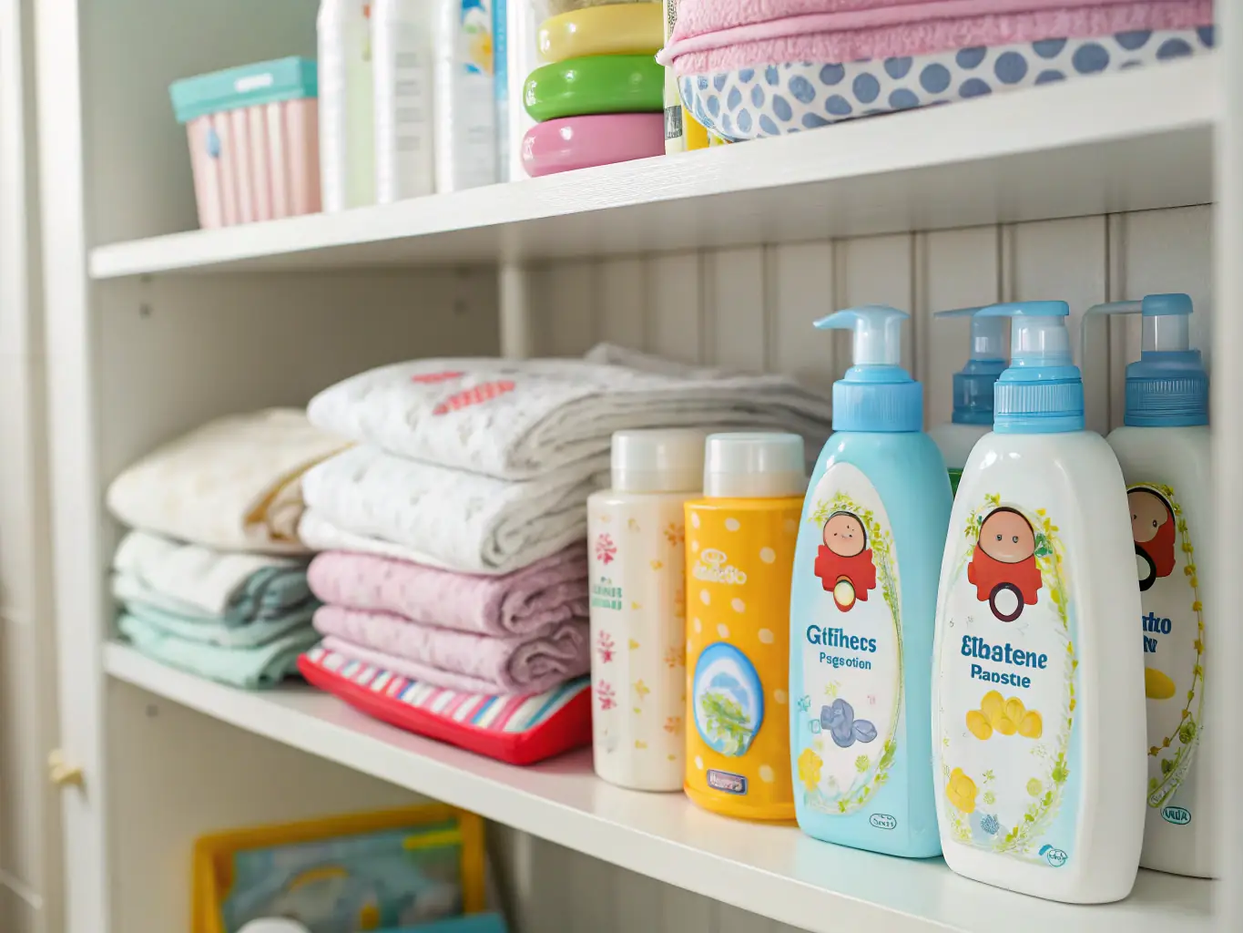 A collection of gentle and safe baby products, including vitamins, soothing creams, and essential oils, displayed in a nurturing and comforting setting, emphasizing the care and protection they provide.