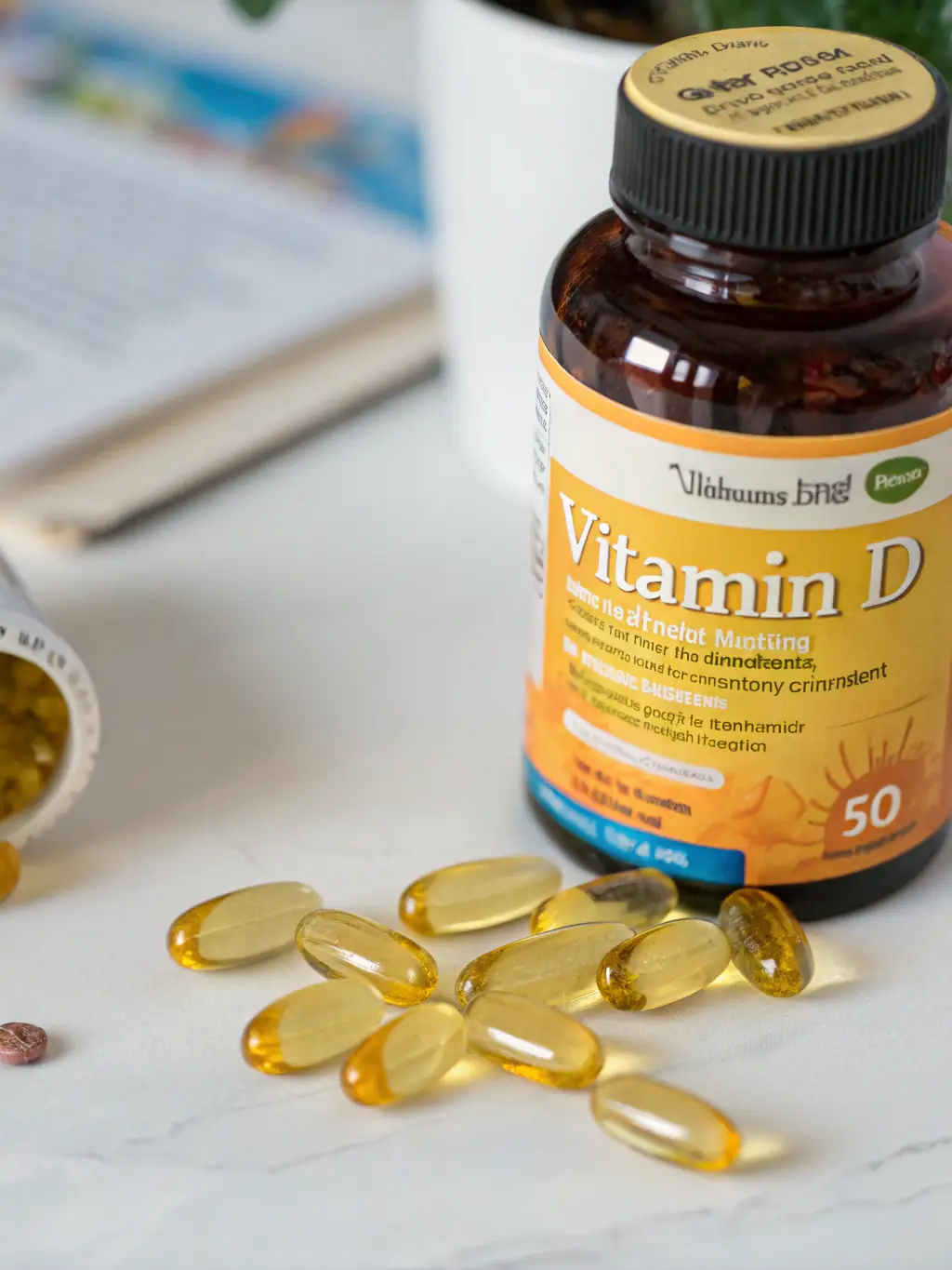 A photo of Amanah Pharmaceuticals' own-brand Vitamin D supplement bottle, highlighting the 'Amanah Supplements' branding and the health benefits of Vitamin D.
