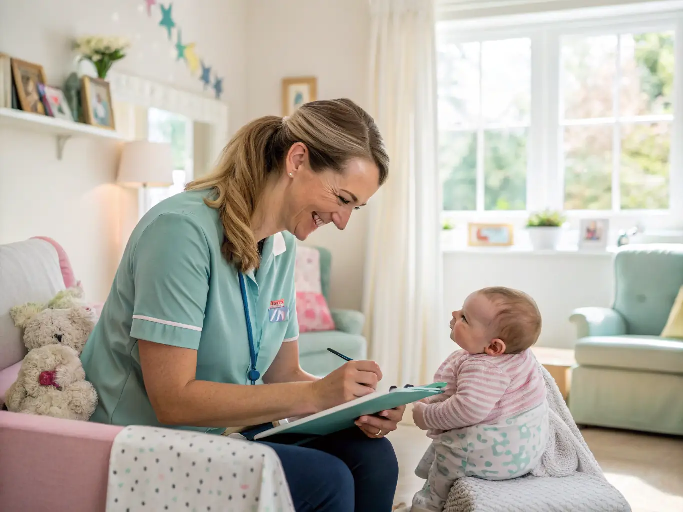 A heartwarming image of a mother gently applying baby lotion to her child's skin, set in a brightly lit and comforting nursery environment, highlighting the gentleness and safety of Amanah Baby products.
