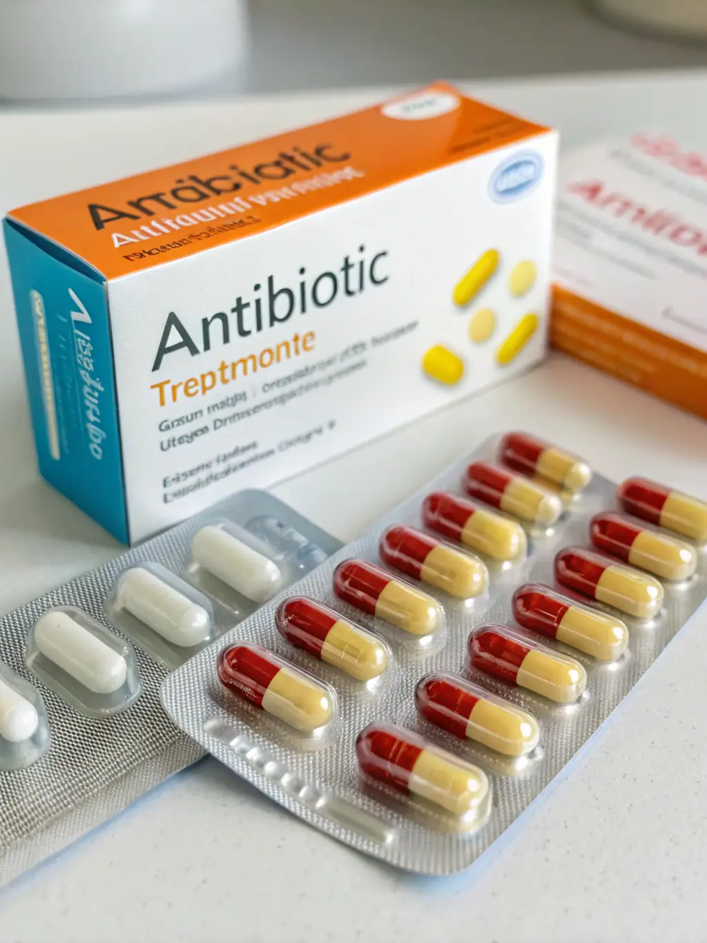 A professional shot of Amanah Pharmaceuticals' generic antibiotic capsules, emphasizing the blister packaging and clear dosage instructions.