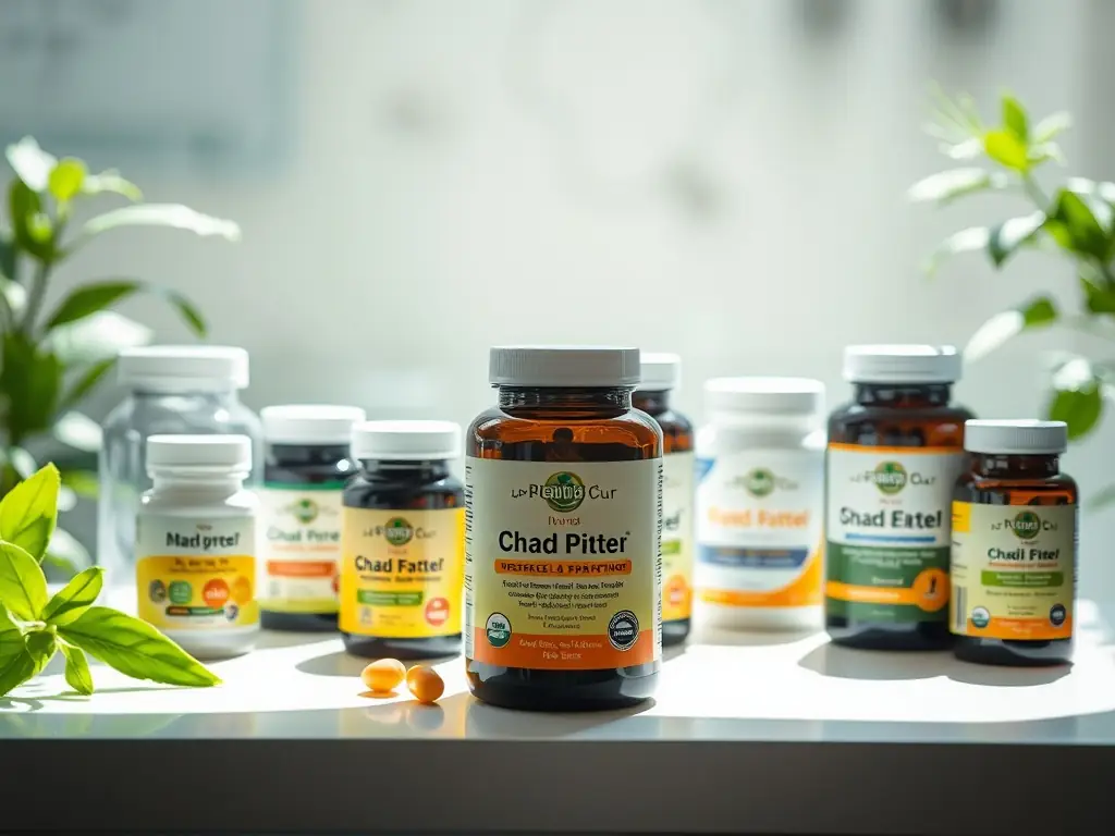 A vibrant display of various food supplement bottles and capsules, arranged to showcase the variety and health benefits, with a focus on natural ingredients and clean packaging.