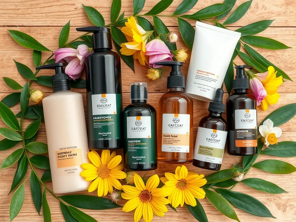 A selection of hair care products, including shampoos, conditioners, and serums, arranged to highlight their nourishing and revitalizing properties, with a focus on natural ingredients and healthy hair growth.