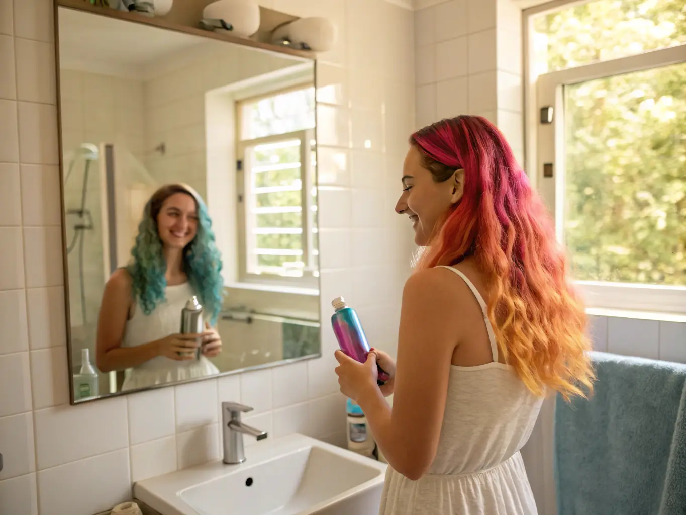 A close-up shot of a person with healthy, shiny hair, using hair care products in a modern bathroom setting, emphasizing the effectiveness and quality of Amanah Pharmaceuticals' hair care line.